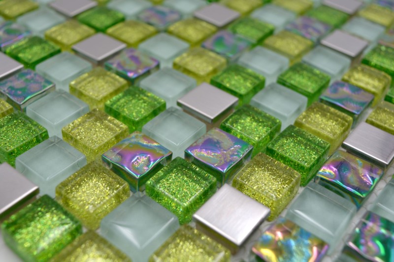 Mosaïque de verre Carreau de mosaïque Acier inoxydable vert lime argent scintillant Protection contre les éclaboussures Revêtement mural salle de bain - MOS92-0506