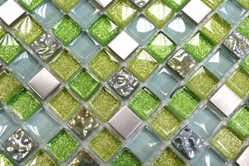 Échantillon manuel Carreau de mosaïque Translucide acier inoxydable vert Mosaïque de verre Crystal acier vert MOS92-0506_m