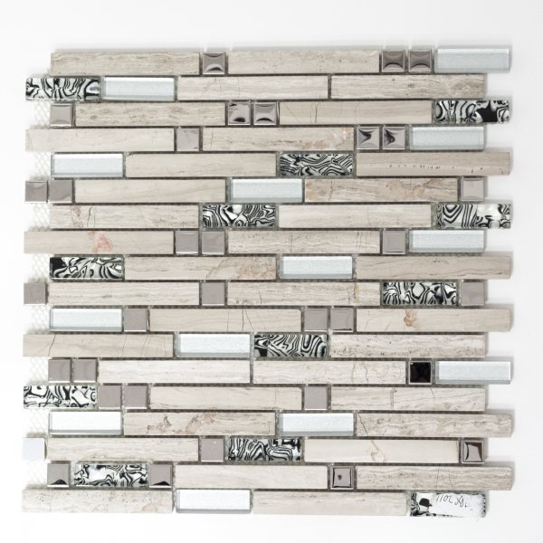 Mosaïque de verre Pierre naturelle Bâtons Carreau de mosaïque Acier inoxydable Argenté Beige clair Gris blanc Revêtement mural Cuisine - MOS86-0108