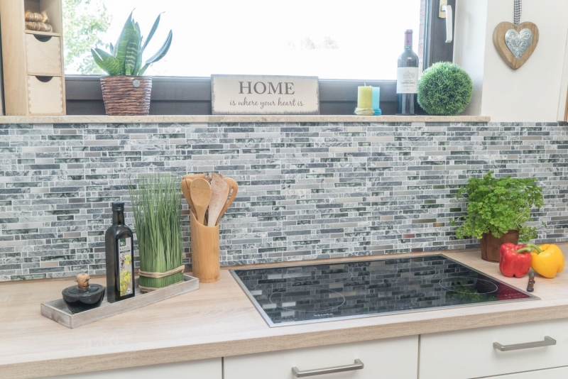 Mosaïque de verre Pierre naturelle Bâtons de marbre Carreau de mosaïque Acier inoxydable gris anthracite argent Protection anti-éclaboussures Carreau mural WC - MOS87-MV778
