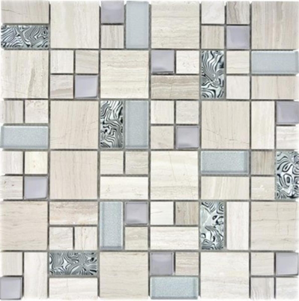 Pierre naturelle Mosaïque de verre Marbre Carreaux de mosaïque Acier inoxydable gris savon gris clair argenté clair Carrelage mural - MOS88-0202