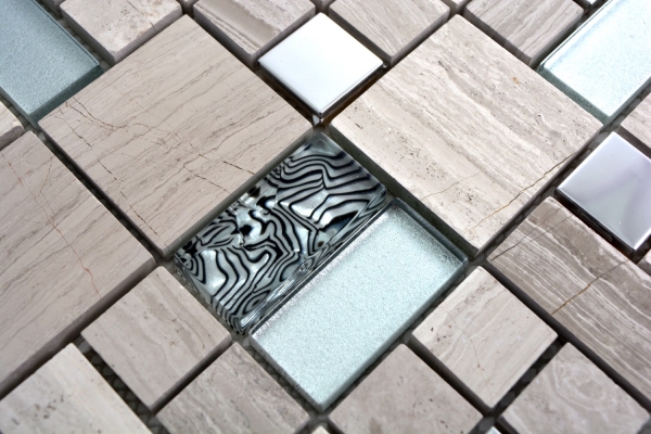 Pierre naturelle Mosaïque de verre Marbre Carreaux de mosaïque Acier inoxydable gris savon gris clair argenté clair Carrelage mural - MOS88-0202