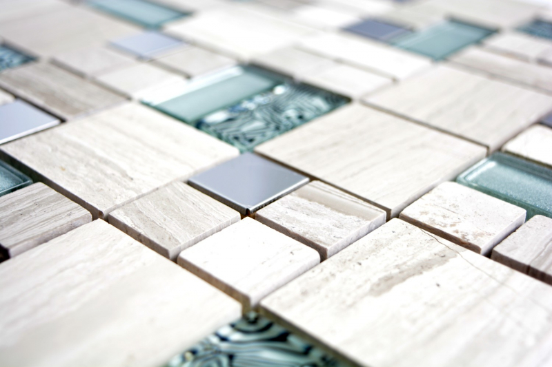 Pierre naturelle Mosaïque de verre Marbre Carreaux de mosaïque Acier inoxydable gris savon gris clair argenté clair Carrelage mural - MOS88-0202