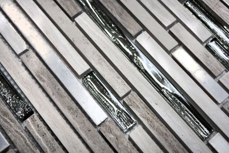 Mosaïque de verre Pierre naturelle Bâtons acier inoxydable Marbre gris blanc gris clair argent Parement mural cuisine salle de bain WC - MOS86-SV85