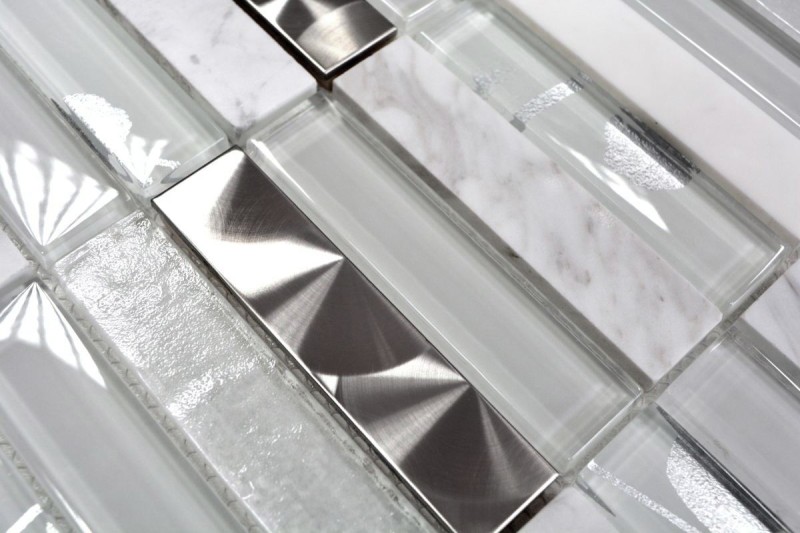 Plaquette Rectangle Carreaux de mosaïque Mosaïque de verre Acier inoxydable Pierre naturelle blanc argent Carreau de douche Salle de bain WC - MOS87-11X