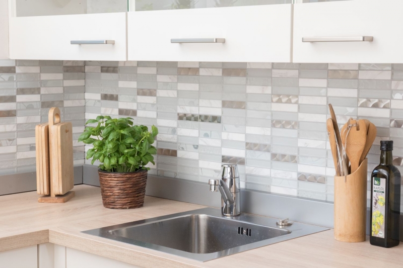 Plaquette Rectangle Carreaux de mosaïque Mosaïque de verre Acier inoxydable Pierre naturelle blanc argent Carreau de douche Salle de bain WC - MOS87-11X