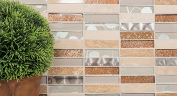 Plaquettes Mosaïque de verre Acier inoxydable Pierre naturelle beige crème marron Carrelage Salle de bain Mur WC - MOS87-52X