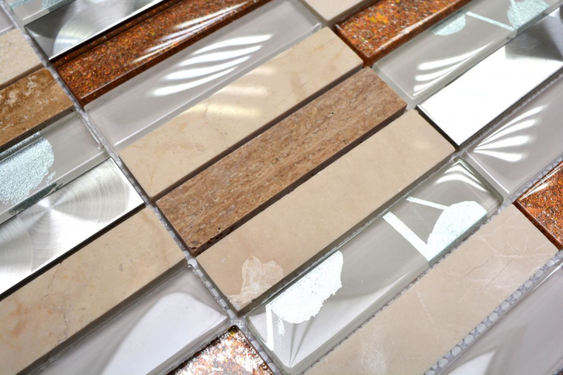 Plaquettes Mosaïque de verre Acier inoxydable Pierre naturelle beige crème marron Carrelage Salle de bain Mur WC - MOS87-52X