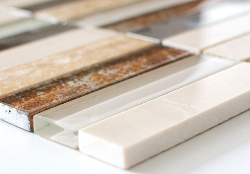 Plaquettes Mosaïque de verre Acier inoxydable Pierre naturelle beige crème marron Carrelage Salle de bain Mur WC - MOS87-52X