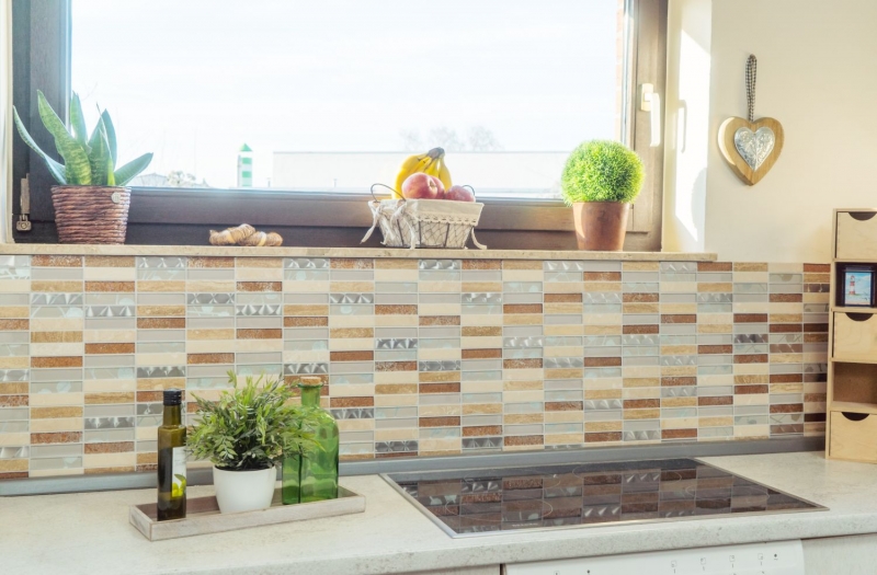 Plaquettes Mosaïque de verre Acier inoxydable Pierre naturelle beige crème marron Carrelage Salle de bain Mur WC - MOS87-52X