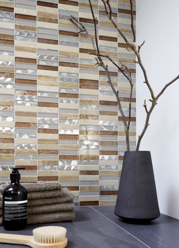 Plaquettes Mosaïque de verre Acier inoxydable Pierre naturelle beige crème marron Carrelage Salle de bain Mur WC - MOS87-52X