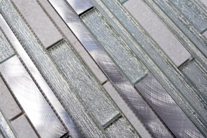 Mosaïque de verre Pierre naturelle Bâtons Carreau de mosaïque Aluminium blanc argenté clair gris Protection anti-éclaboussures Parement mural Salle de bain WC - MOS49-GV64