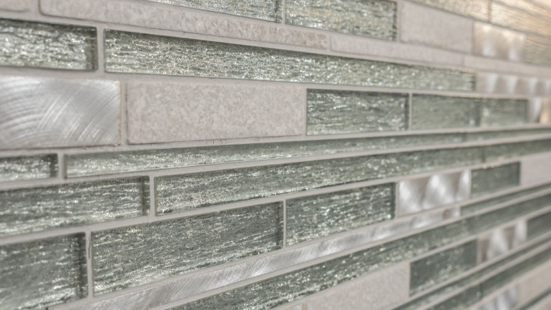 Mosaïque de verre Pierre naturelle Bâtons Carreau de mosaïque Aluminium blanc argenté clair gris Protection anti-éclaboussures Parement mural Salle de bain WC - MOS49-GV64