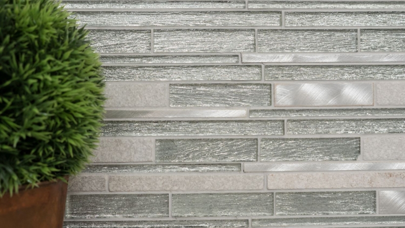 Mosaïque de verre Pierre naturelle Bâtons Carreau de mosaïque Aluminium blanc argenté clair gris Protection anti-éclaboussures Parement mural Salle de bain WC - MOS49-GV64