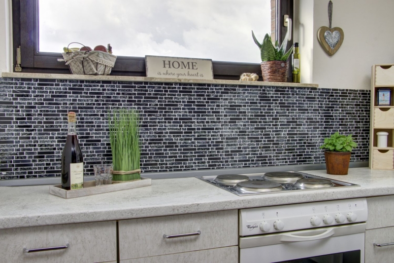 Mosaïque de verre Pierre naturelle bâtonnets Carreau de mosaïque noir clair noir graphite verre cassé Carreau mural cuisine salle de bain WC - MOS87-v1328