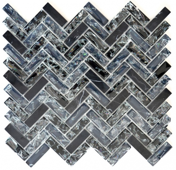 Motif main Carreau de mosaïque Translucide noir Chevron Mosaïque de verre Crystal Pierre noire MOS87HB-0328_m