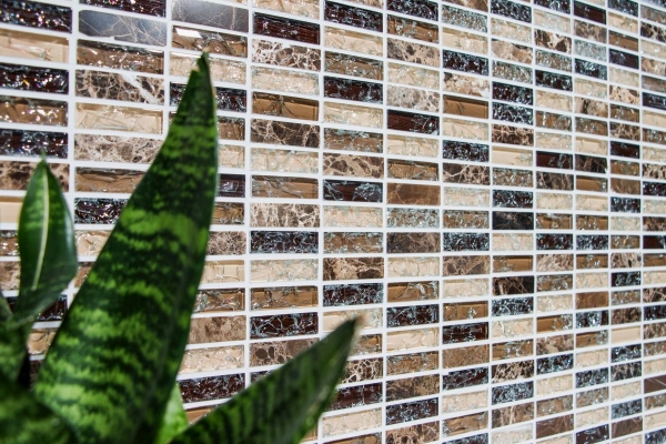 Plaquette Rectangle Carreaux Mosaïque Verre Fractionné Marbre Pierre Naturelle Marron Foncé Beige Mur Salle de Bains Cuisine WC - MOS87-S1255