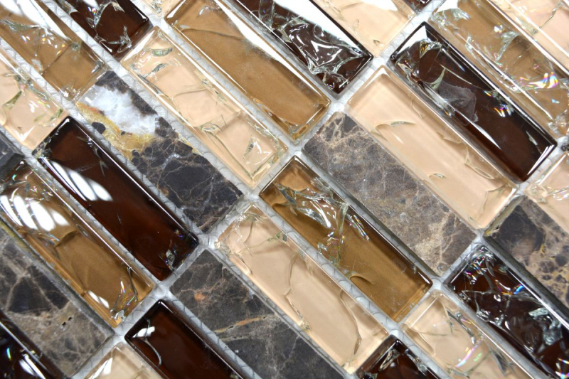 Plaquette Rectangle Carreaux Mosaïque Verre Fractionné Marbre Pierre Naturelle Marron Foncé Beige Mur Salle de Bains Cuisine WC - MOS87-S1255