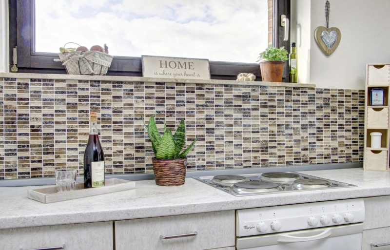 Plaquette Rectangle Carreaux Mosaïque Verre Fractionné Marbre Pierre Naturelle Marron Foncé Beige Mur Salle de Bains Cuisine WC - MOS87-S1255