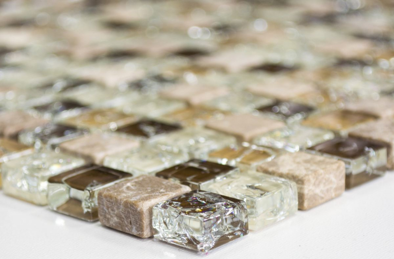 Mosaïque de verre Pierre naturelle Carreau de mosaïque beige clair Verre brisé Marbre brun clair beige crème Carrelage salle de bain - MOS92-1053