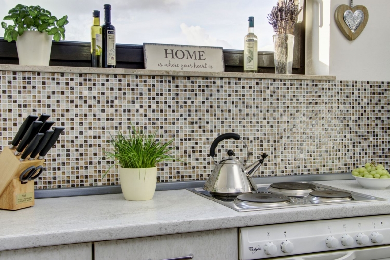 Mosaïque de verre Pierre naturelle Carreau de mosaïque beige clair Verre brisé Marbre brun clair beige crème Carrelage salle de bain - MOS92-1053