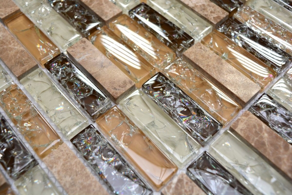 Plaquette Rectangle Carreaux Mosaïque Verre Fractionné Marbre Pierre Marron clair Beige Crème Mur Salle de bains Cuisine WC - MOS87-S1253