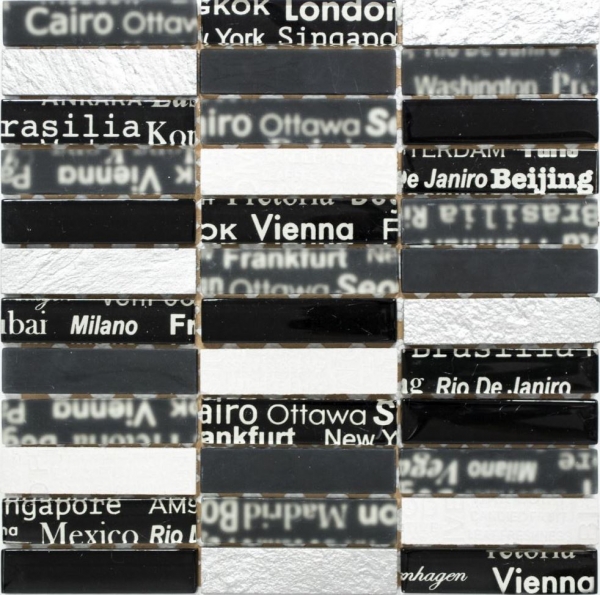 Plaquette Rectangle Mosaïque de verre Urban Feeling Verre laiteux noir blanc argenté Dos de cuisine Protection anti-projections Salle de bains - MOS87-39
