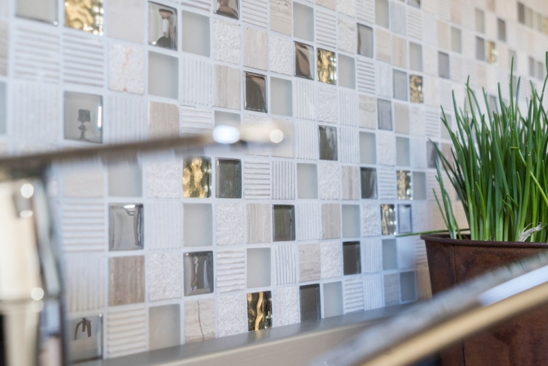 Pierre naturelle Rustique Carreau de mosaïque Verre Mosaïque Marbre gris clair or Verre laiteux Structure Carrelage Mur Salle de bains Cuisine WC - MOS83-HQ22