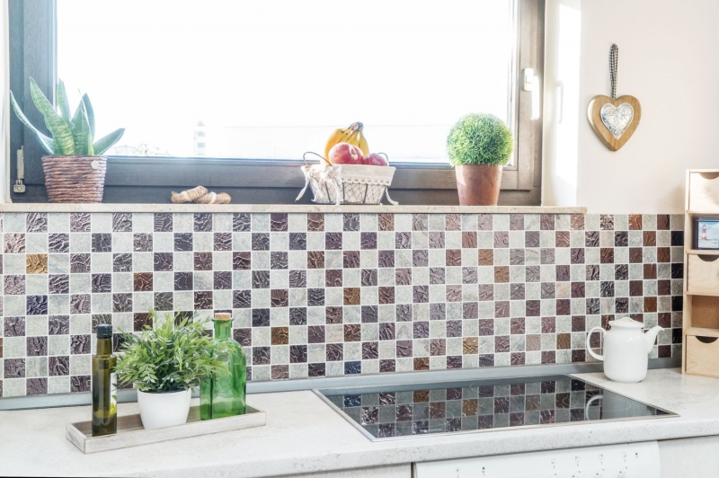 Pierre naturelle Rustique Carreau de mosaïque Mosaïque de verre Quartzite gris anthracite marron cuivre dosseret cuisine carrelage salle de bain WC - MOS88-CR73