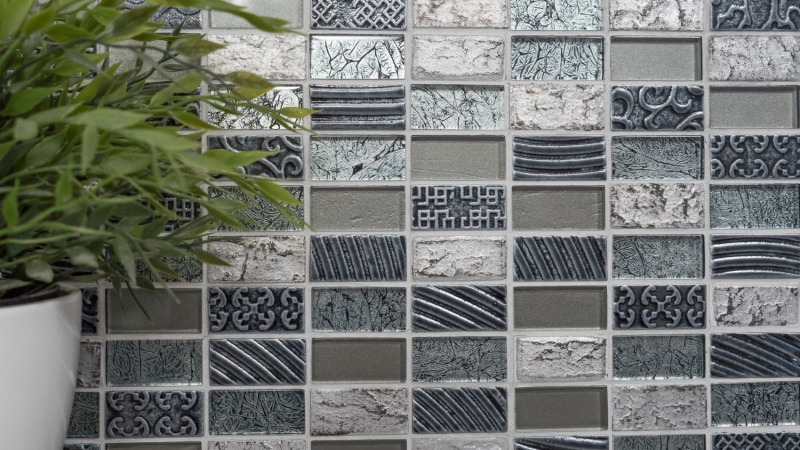 Plaquette Rectangle Carreaux Mosaïque de verre Pierre Rétro argenté anthracite Structure Revêtement mural Carreaux de cuisine WC - MOS83-CRS2