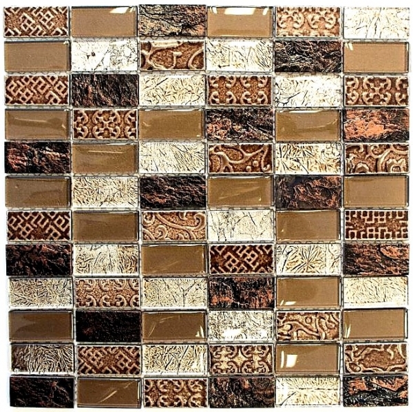 Plaquette Rectangle Carreaux Mosaïque de verre Pierre rétro brun bronze beige structure Revêtement mural Salle de bain WC - MOS83-CRS6