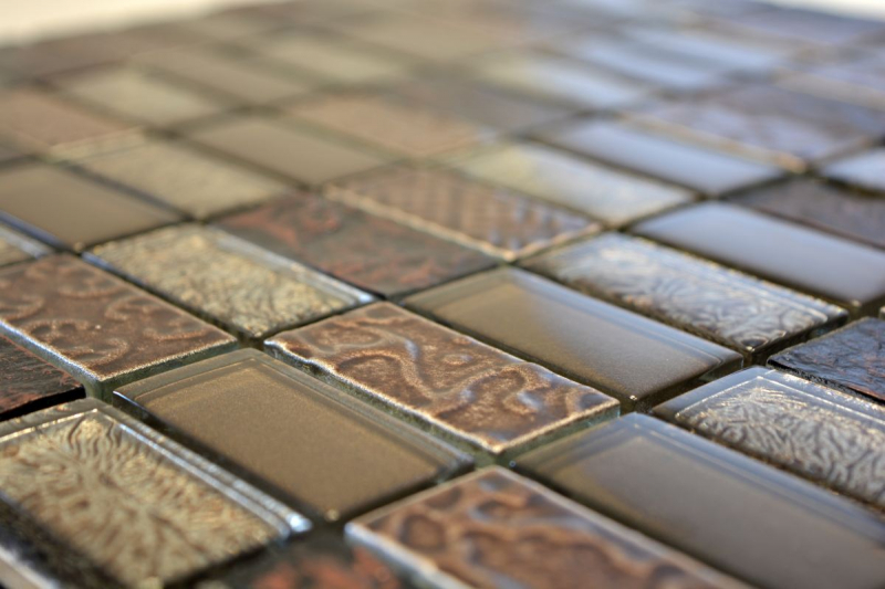 Plaquette Rectangle Carreaux Mosaïque de verre Pierre rétro brun bronze beige structure Revêtement mural Salle de bain WC - MOS83-CRS6