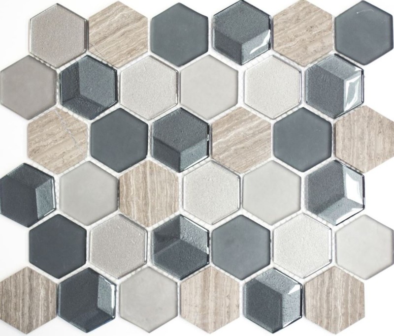 Pierre naturelle Mosaïque de verre Carreaux de mosaïque Hexagonal anthracite gris clair gris rayé Carrelage salle de bain - MOS11D-22