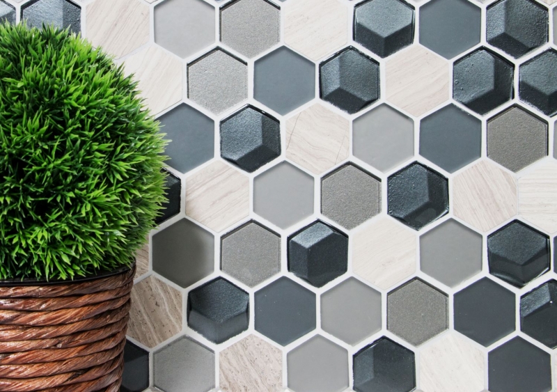 Pierre naturelle Mosaïque de verre Carreaux de mosaïque Hexagonal anthracite gris clair gris rayé Carrelage salle de bain - MOS11D-22