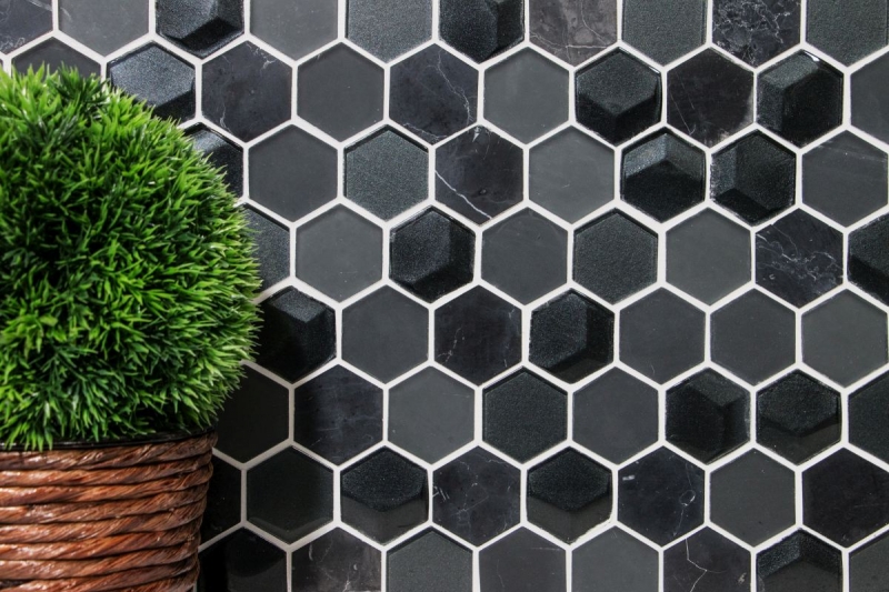 Motif manuel Carreau de mosaïque Translucide noir Hexagon Mosaïque de verre Crystal Pierre 3D noir MOS11D-33_m
