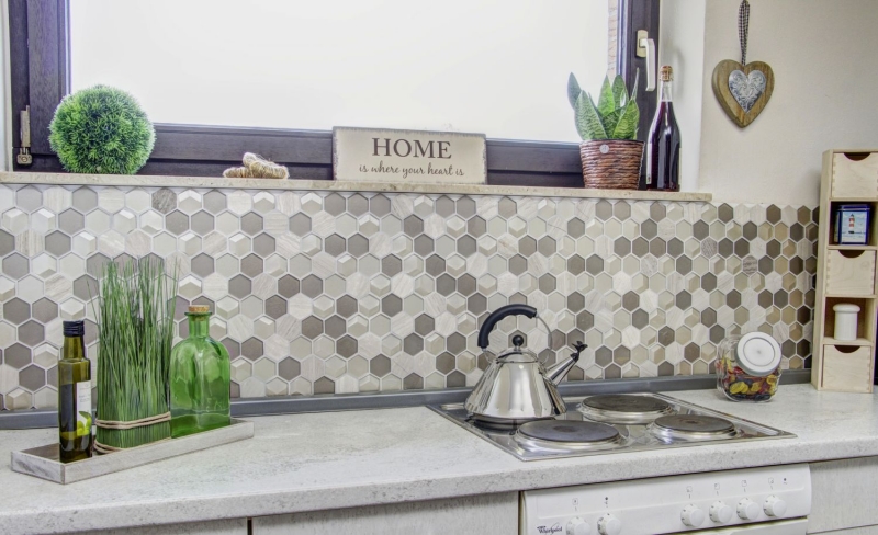 Pierre naturelle Mosaïque de verre Carreaux de mosaïque Hexagonal nacré beige crème noisette Revêtement mural salle de bain - MOS11D-44