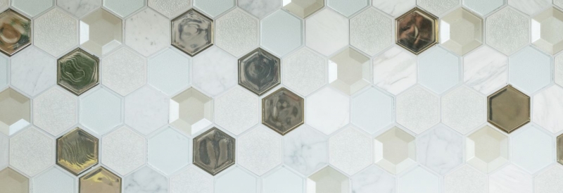 Mosaïque de verre hexagonale Carrelage en pierre naturelle Marbre blanc Verre miroir Miroir anti-éclaboussures Mur Cuisine - MOS11E-66