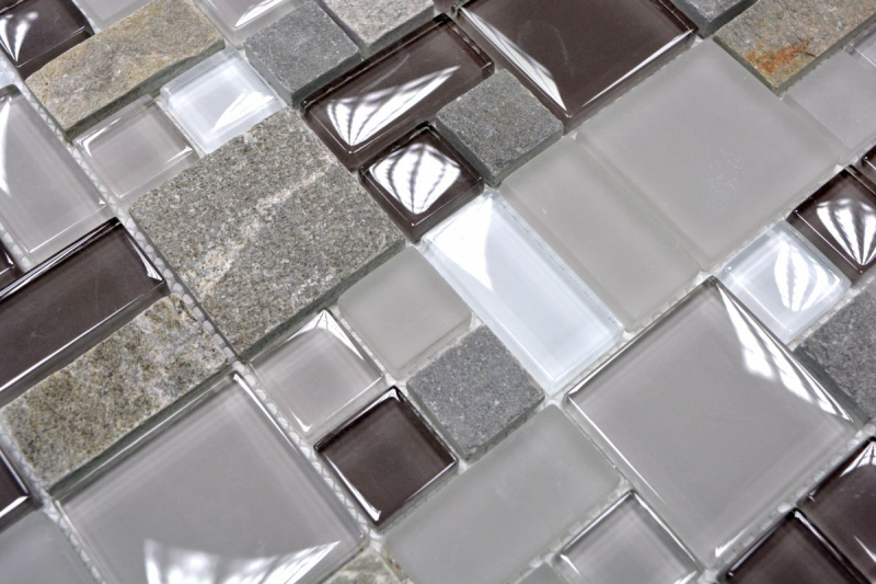 Échantillon manuel Carreau de mosaïque Translucide gris brun Combinaison de mosaïque de verre Crystal pierre grise brune MOS88-0206_m