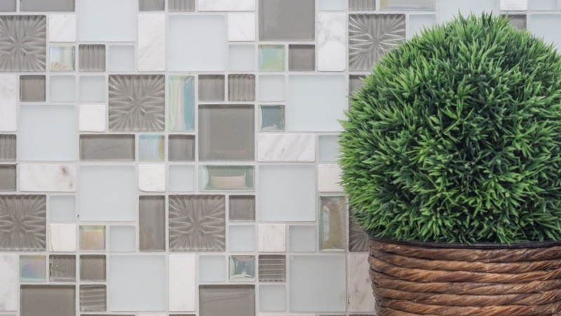 Pierre naturelle Mosaïque de verre Carreaux de mosaïque blanc gris anthracite Verre laiteux Miroir de fond de cuisine - MOS88-MC659