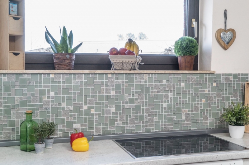 Pierre naturelle Mosaïque de verre Carreau de mosaïque clair gris anthracite gris-vert structure Carrelage salle de bain cuisine - MOS88-MC669
