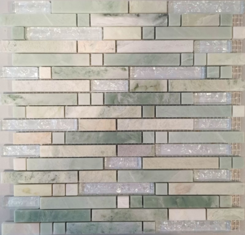 Mosaïque de verre Pierre naturelle en bâtonnets Carreaux de mosaïque blanc crème nuancé de vert avec reflets Parement mural cuisine salle de bain WC - MOS87-MV738