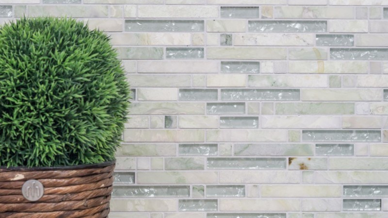 Mosaïque de verre Pierre naturelle en bâtonnets Carreaux de mosaïque blanc crème nuancé de vert avec reflets Parement mural cuisine salle de bain WC - MOS87-MV738