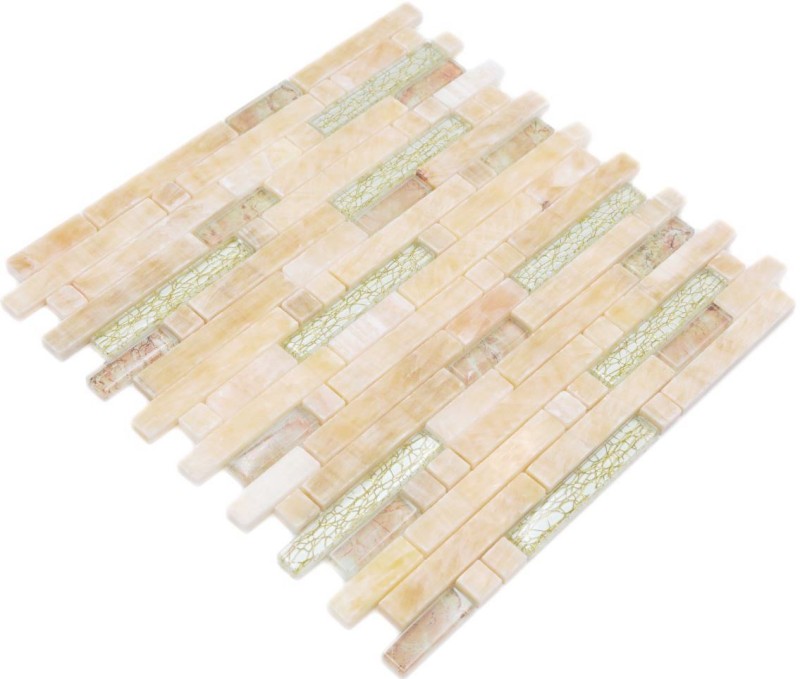 Mosaïque de verre Pierre naturelle bâtonnets Carreaux de mosaïque ambre or crème beige avec reflets Revêtement mural salle de bain - MOS87-MV748