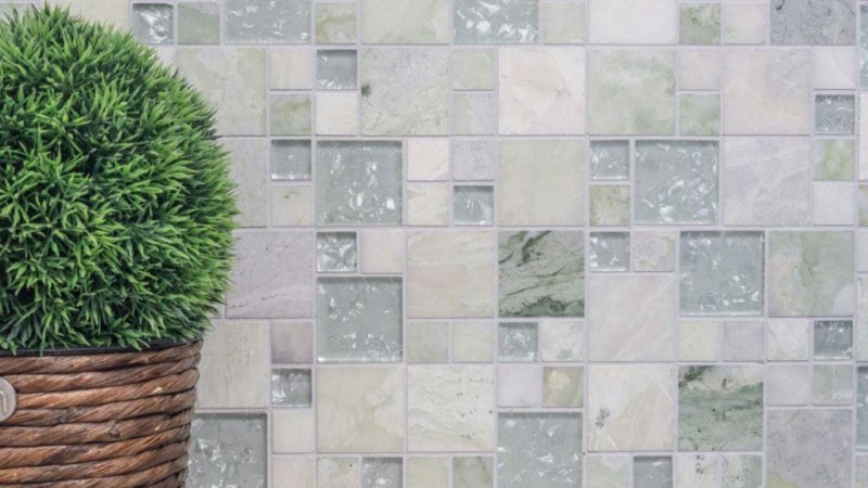 Pierre naturelle Mosaïque de verre Marbre Carreaux de mosaïque gris clair gris-vert blanc avec gravure Carrelage mural - MOS88-MC639