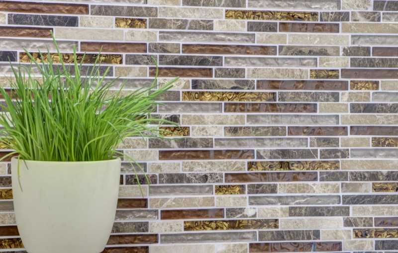 Mosaïque de verre Pierre naturelle Bâtons de verre Carreaux de mosaïque beige crème marron Marbre Carrelage cuisine salle de bain WC - MOS86-1302