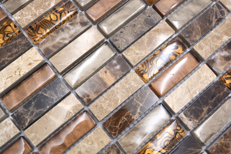 Plaquettes Mosaïque de verre beige marron crème orange pierre naturelle marbre mur cuisine salle de bain WC - MOS87-1310