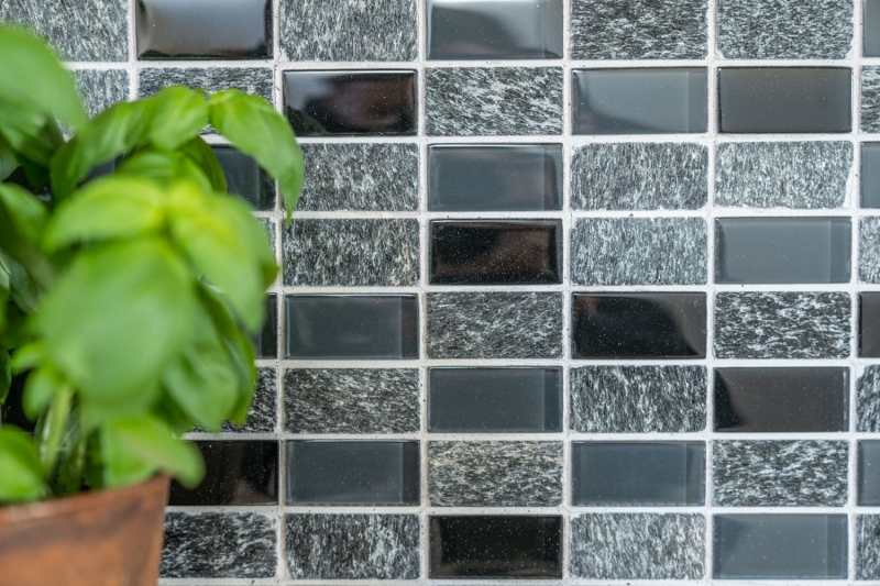 Plaquette Rectangle Carreaux Mosaïque de verre Pierre grise noire anthracite Carrelage Fond de cuisine Salle de bain - MOS87-1303
