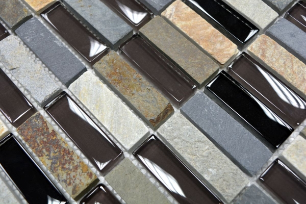 Plaquette Rectangle Carreaux Mosaïque de verre Bâtons beige marron gris noir Pierre naturelle Carrelage mur salle de bain cuisine - MOS87-1313