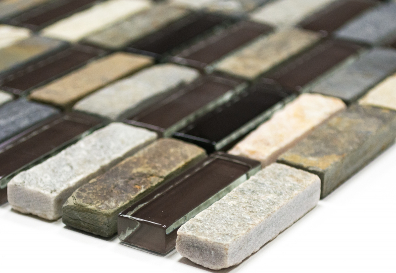 Plaquette Rectangle Carreaux Mosaïque de verre Bâtons beige marron gris noir Pierre naturelle Carrelage mur salle de bain cuisine - MOS87-1313