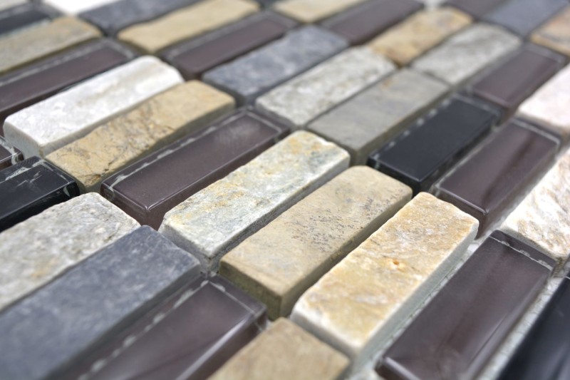 Plaquette Rectangle Carreaux Mosaïque de verre Bâtons beige marron gris noir Pierre naturelle Carrelage mur salle de bain cuisine - MOS87-1313